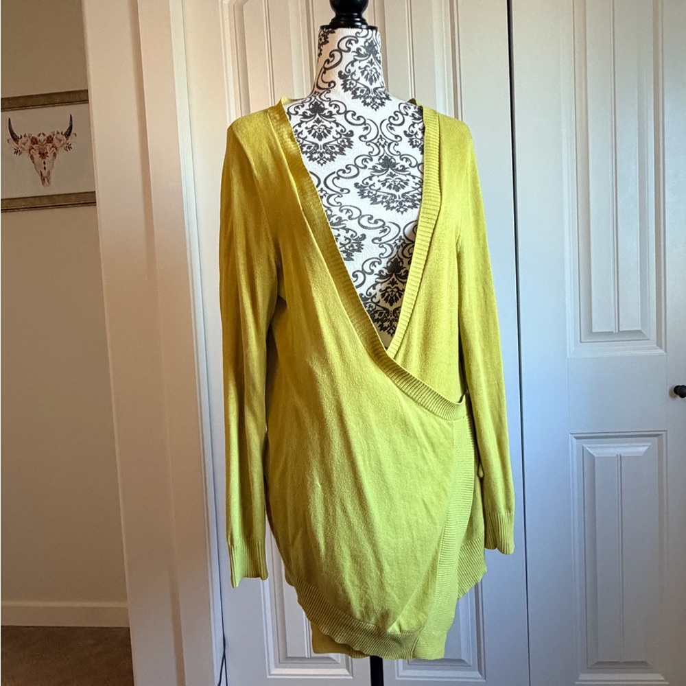 ANTHROPOLOGIE MOTH KNITTED WRAP FRONT CARDIGAN SWEATER YELLOW RIBBED SZE large